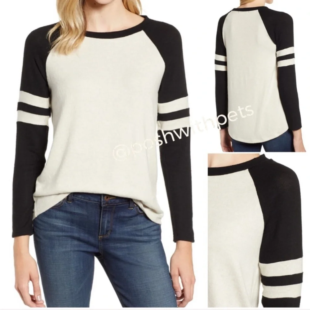 Gibson Soft Cozy Long Sleeve Varsity Baseball Tee Crewneck Black & Tan XSmall